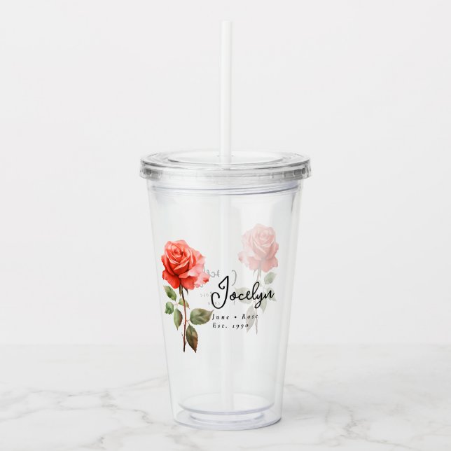 June Birth Month Flower Rose Personalised Acrylic Tumbler (Front)