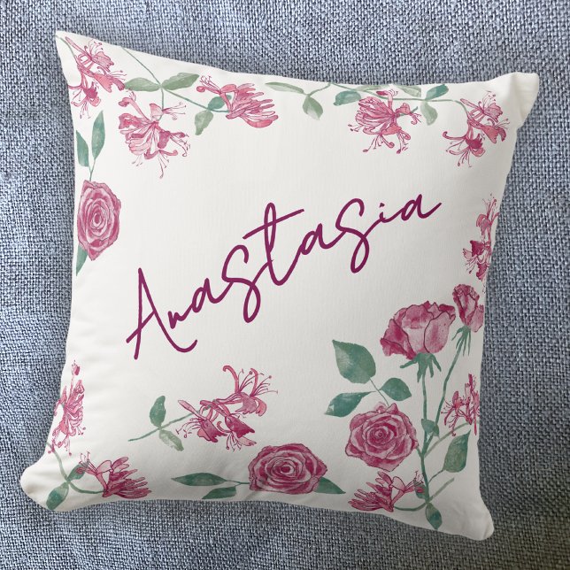 June Birth Month Honeysuckle Rose Personalised Cushion (June birthday personalized custom name birth month flower watercolor honeysuckle rose throw pillow)