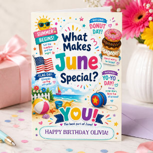 June Birthday Card for Girls Custom Name Summer