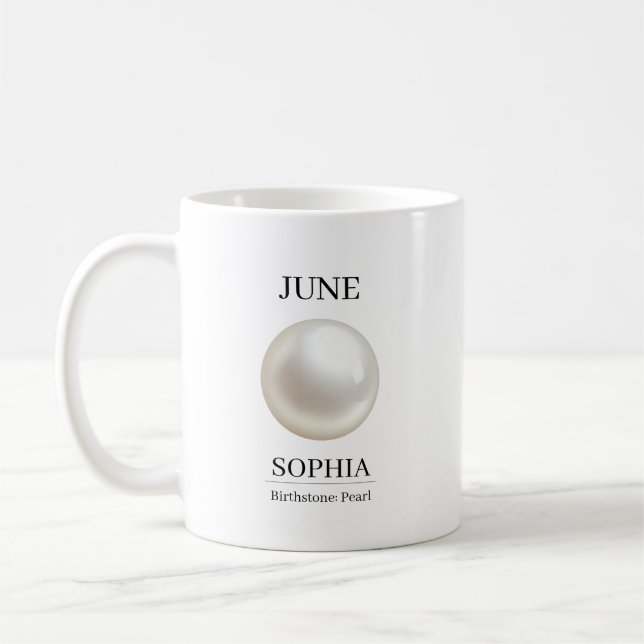 June Birthstone Birthday Name Pearl Coffee Mug (Left)