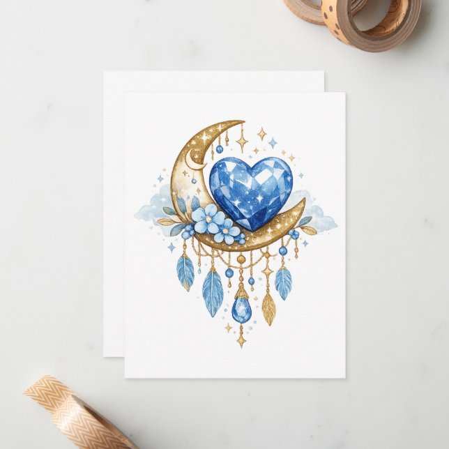 June Birthstone Moon Heart Boho Blue Gem Design Card (Front/Back In Situ)