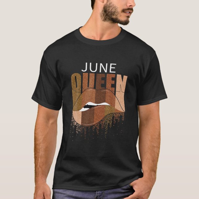 June Queen Happy Birthday Biting Lips Afro Black W T-Shirt (Front)