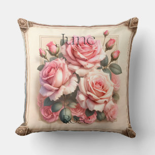 June Rose Birth Month Vintage Botanical Floral Cushion
