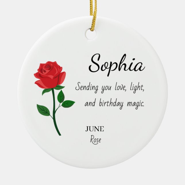 June Rose Personalized Birthday Ceramic Tree Decoration (Front)