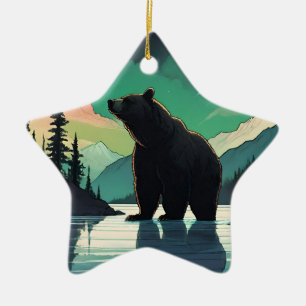 Juneau Alaska grizzly bear aurora northern lights  Ceramic Tree Decoration