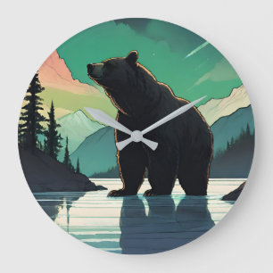 Juneau Alaska grizzly bear aurora northern lights  Large Clock