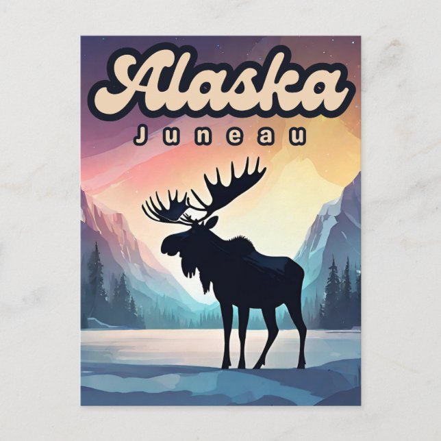 Juneau Alaska Moose Aurora Northern Lights Nature  Postcard (Front)