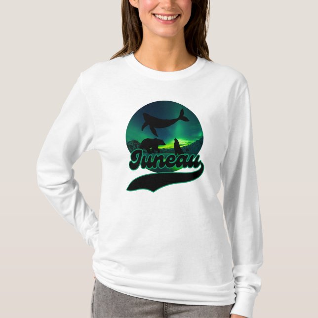 Juneau Alaska Whale Wolf Bear Aurora Northern Ak T-Shirt (Front)