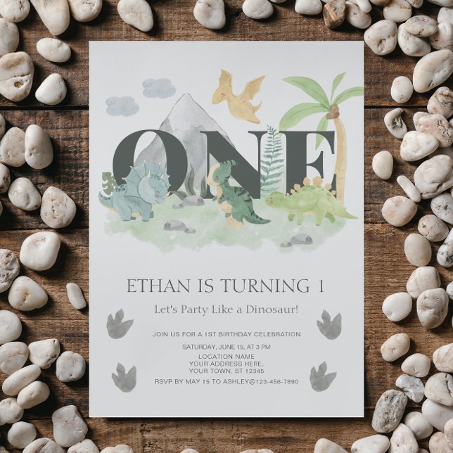 Jungle 1st Birthday Watercolor Dinosaur Party      Invitation (🦖 Get ready to party with these unique dinosaur-themed invitations.)