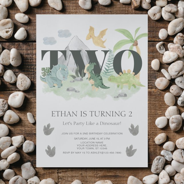 Jungle 2nd Birthday Watercolor Dinosaur Party Invitation (🦖 Get ready to party with these unique dinosaur-themed invitations.)