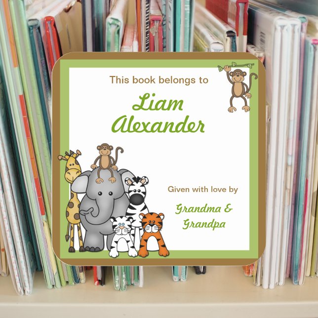 Jungle Animal Baby Shower bookplates Square Sticker (Creator Uploaded)