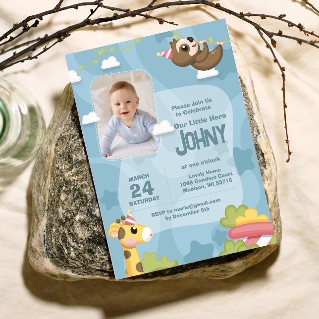 Jungle Animal Blue 1st Birthday Invitation (Creator Uploaded)