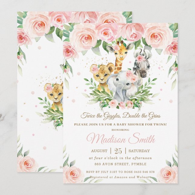Jungle Animal Blush Pink Floral Twins Baby Shower Invitation (Front/Back)