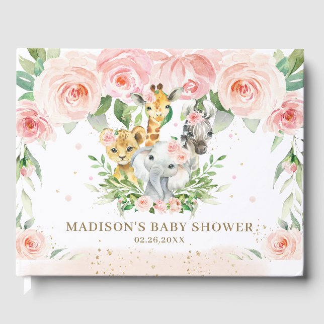 Jungle Animal Chic Blush Pink Floral Baby Shower  Guest Book (Front)