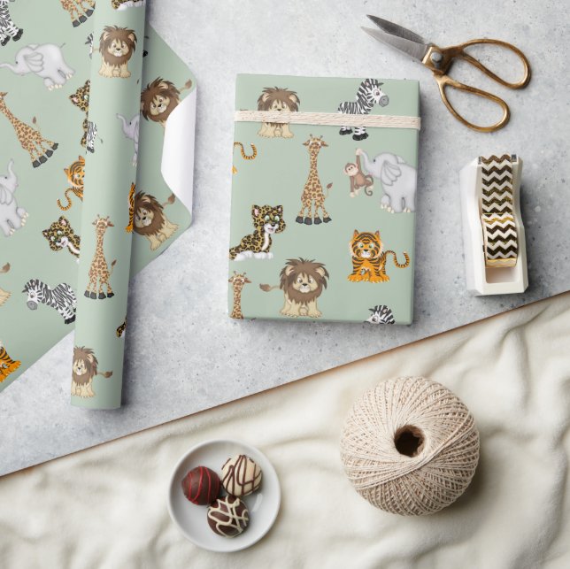 Jungle Animal Collection On Sage Wrapping Paper (Crafts)
