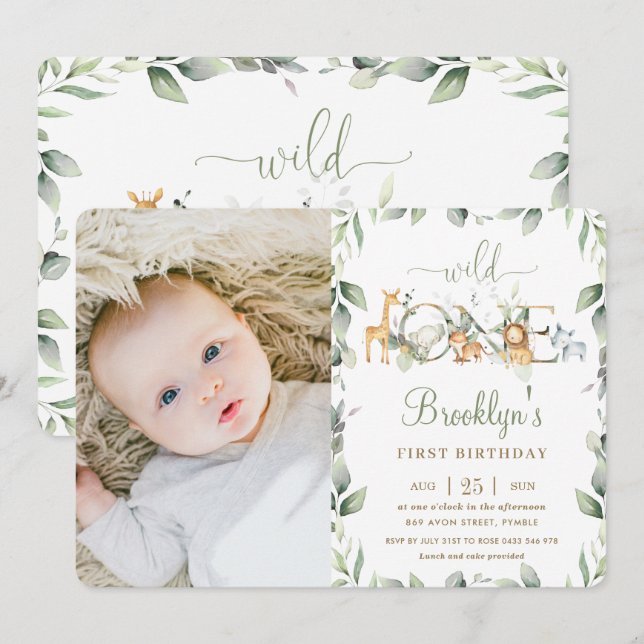 Jungle Animal Greenery 1st Birthday Boy Girl Photo Invitation (Front/Back)