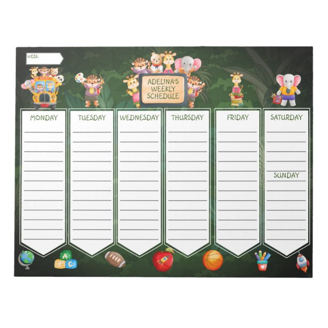 Jungle  Animal Kids Weekly School Activity Planner Notepad (Front)