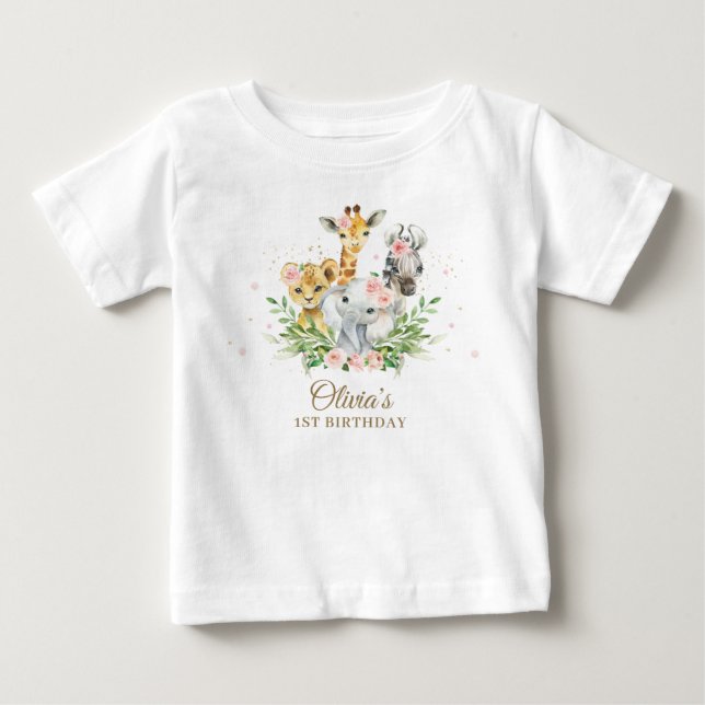 Jungle Animal Pink Floral Girl 1st Birthday Outfit Baby T-Shirt (Front)