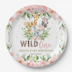 Jungle Animal Pink Floral Wild One 1st Birthday  Paper Plate