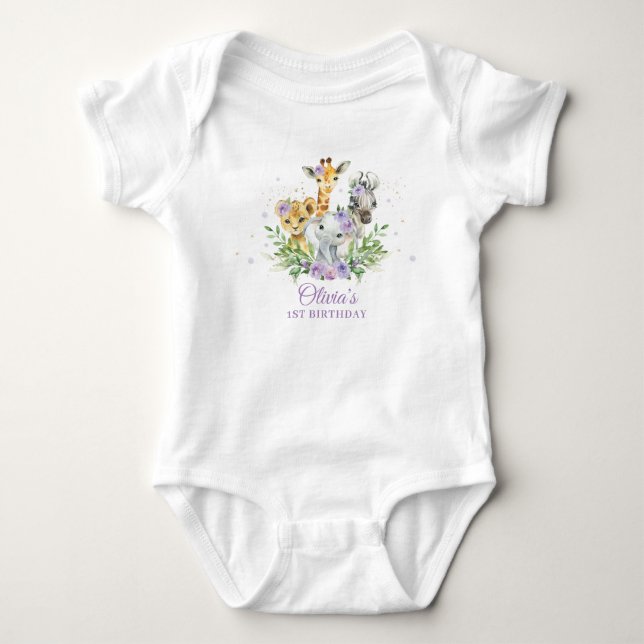 Jungle Animal Purple Floral 1st Birthday Outfit Baby Bodysuit (Front)