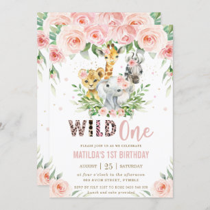Jungle Animal Safari Blush Floral 1st Birthday Invitation