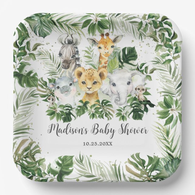 Jungle Animal Safari Greenery Neutral Baby Shower Paper Plate (Front)