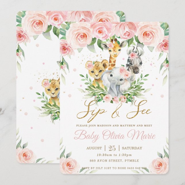 Jungle Animal Safari Pink Blush Floral Sip and See Invitation (Front/Back)