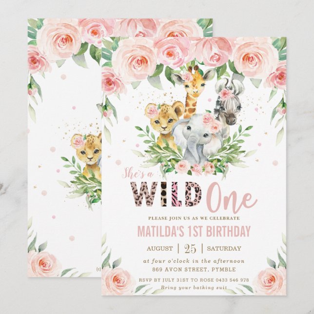 Jungle Animal Safari Pink Floral 1st Birthday  Invitation (Front/Back)