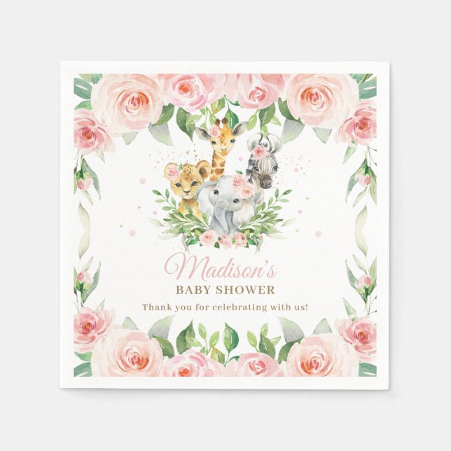 Jungle Animal Safari Pink Floral Girl Baby Shower Napkin (Front)