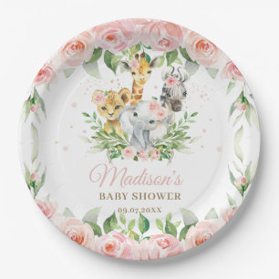 Jungle Animal Safari Pink Floral Girl Baby Shower Paper Plate