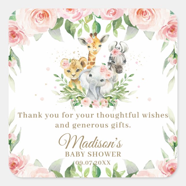 Jungle Animal Safari Pink Floral Girl Baby Shower  Square Sticker (Front)