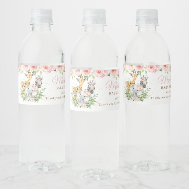 Jungle Animal Safari Pink Floral Girl Baby Shower  Water Bottle Label (Bottles)