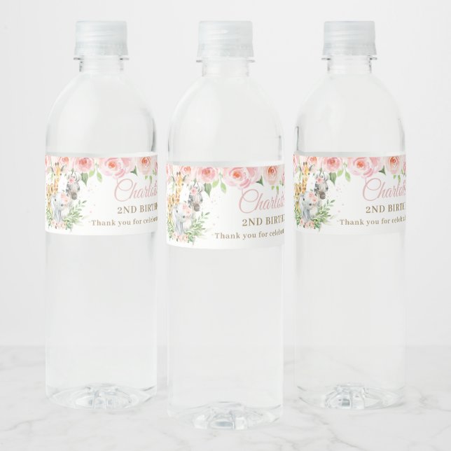 Jungle Animal Safari Pink Floral Girl Birthday  Water Bottle Label (Bottles)