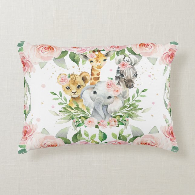 Jungle Animal Safari Pink Floral Girl Nursery Room Decorative Cushion (Front)