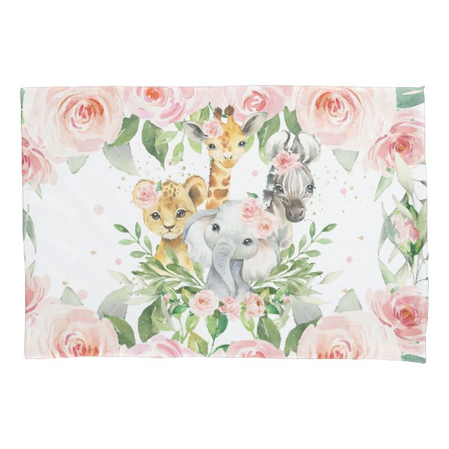 Jungle Animal Safari Pink Floral Girl Nursery Room Pillowcase (Front)