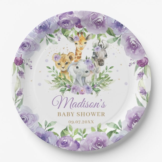 Jungle Animal Safari Purple Floral Baby Shower Paper Plate (Front)