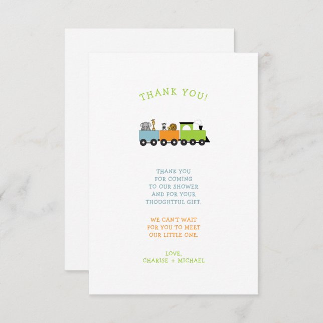JUNGLE ANIMAL TRAIN baby shower thank you note (Front/Back)