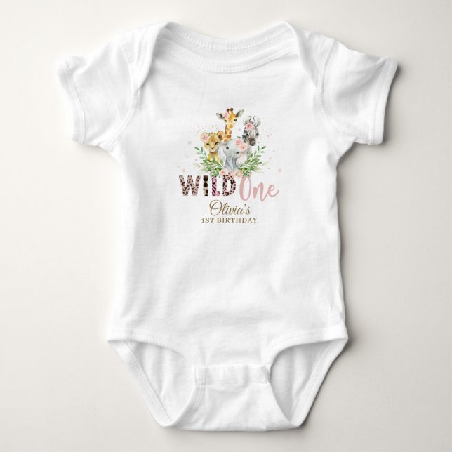 Jungle Animal Wild ONE Girl 1st Birthday Outfit  Baby Bodysuit (Front)