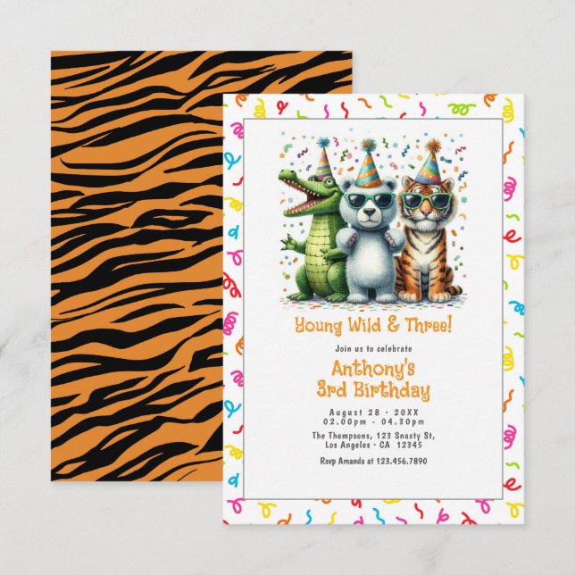 Jungle Animal "Young Wild and Three!" 3rd Birthday Invitation (Front/Back)