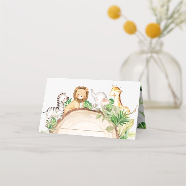 Jungle Animals 1st Birthday Baby Shower Greenery Place Card (Front)
