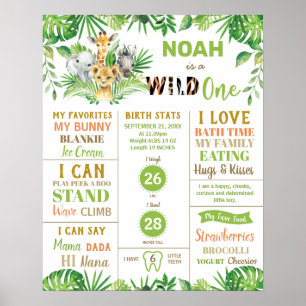 Jungle Animals 1st Birthday Milestone Birth Stats  Poster