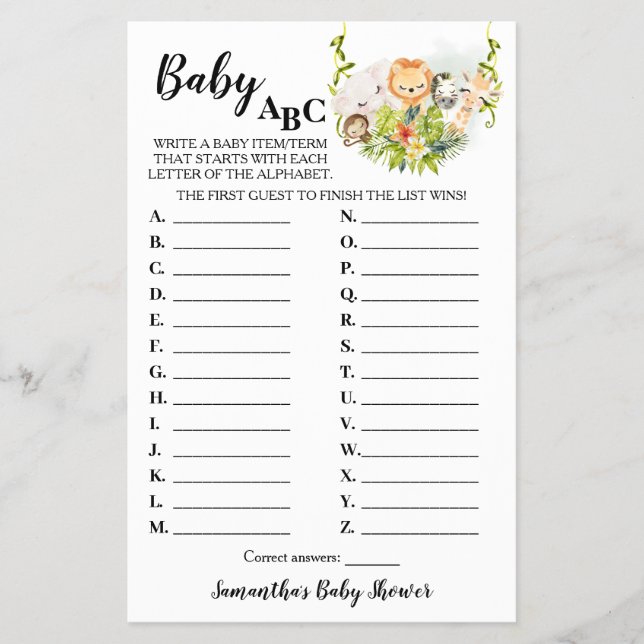 Jungle Animals Baby ABC Baby Shower Game Card (Front)