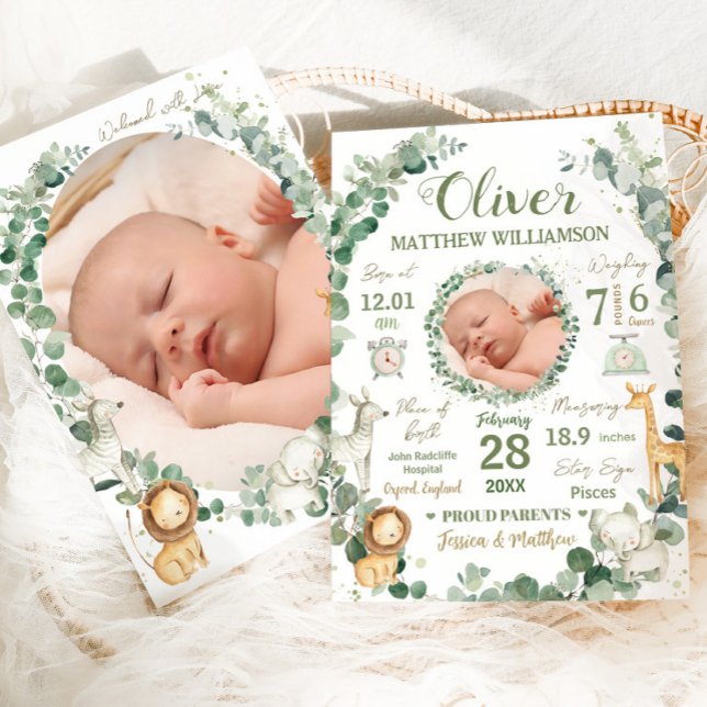 Jungle Animals Baby Birth Stats Photo Announcement (Creator Uploaded)