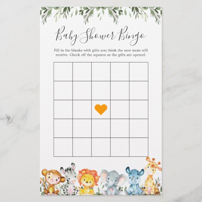 Jungle Animals Baby Shower Bingo Game (Front)