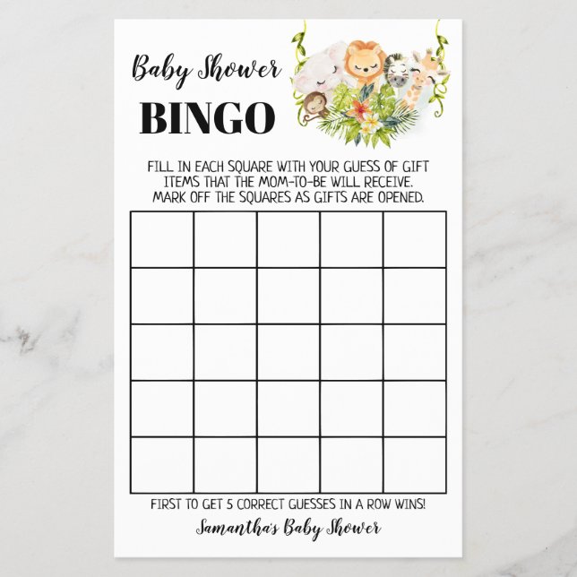Jungle Animals Baby Shower Bingo Game Card (Front)