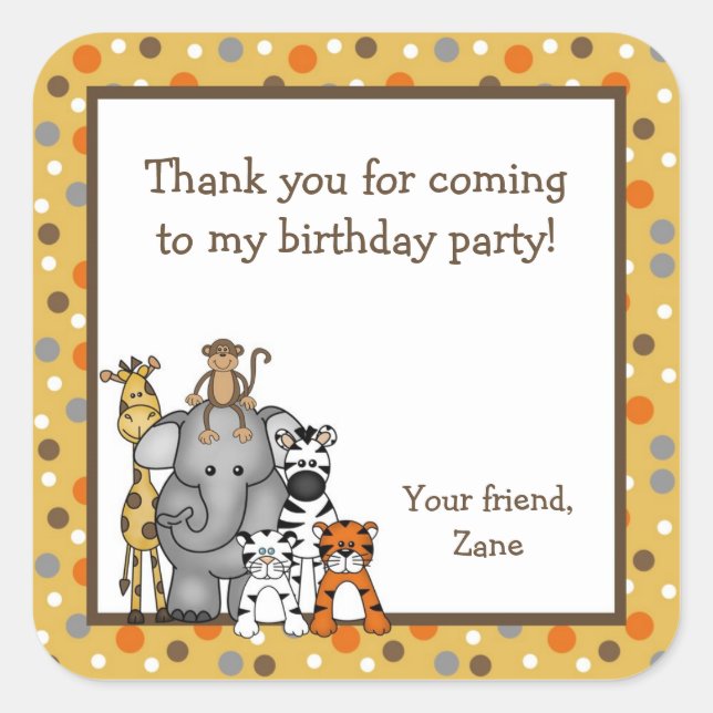 Jungle Animals Baby Shower Birthday Party Favour Square Sticker (Front)