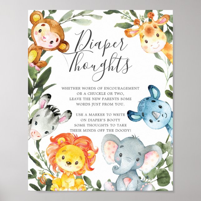 Jungle Animals Baby Shower Diaper Thoughts Sign (Front)