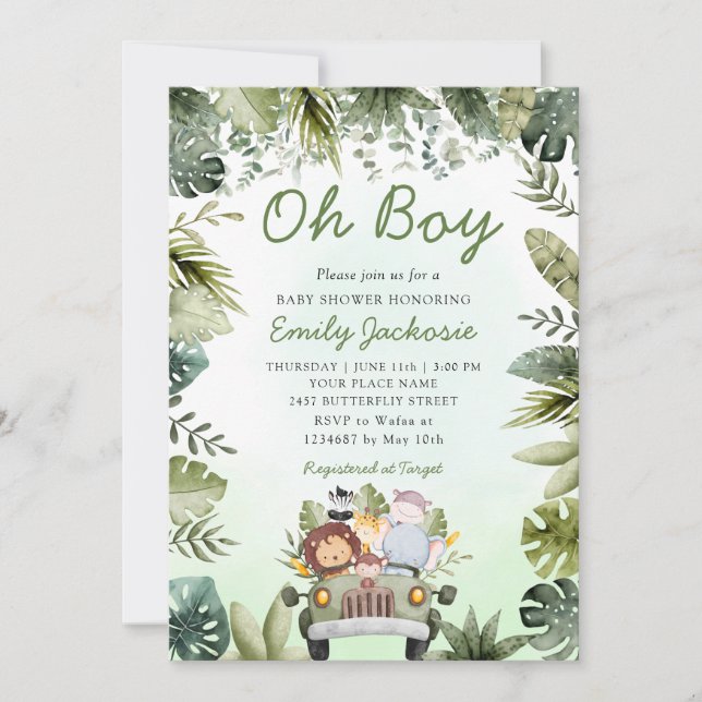 Jungle Animals Baby Shower Greenery Safari Boy  Invitation (Front)