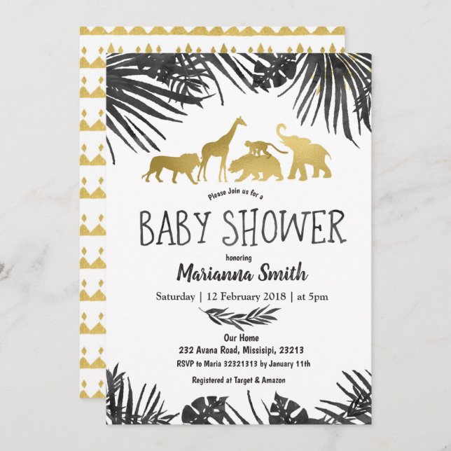 Jungle Animals Baby Shower Invitation black gold (Front/Back)