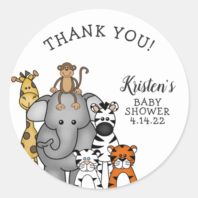 Jungle Animals Baby Shower thank you favour sticke Classic Round Sticker (Front)